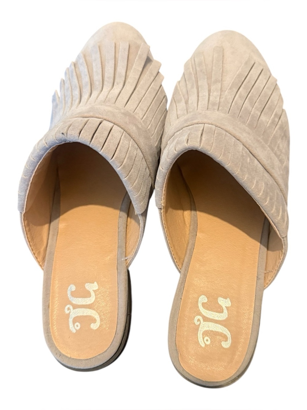 Fringed Suede Slide Mules - Light Taupe Women Shoes.  By Journey and Crew.
